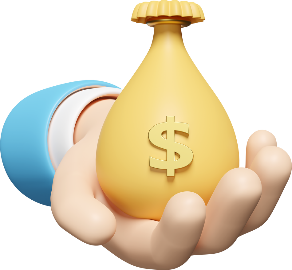 3d cartoon businessman hands holding money bag isolated. Quick credit approval or loan approval concept, 3d render illustration
